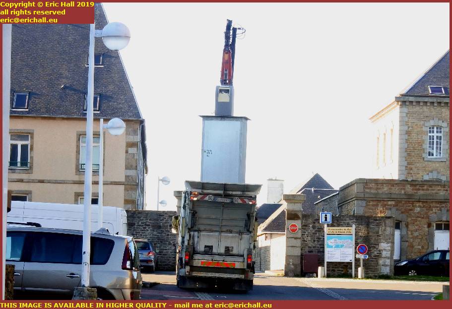 lorry emptying waste paper recycling place d'armes granville manche normandy france